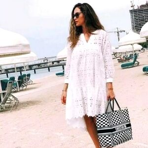 Zara  cutwork  embroidery ruffled asymmetric dress  white